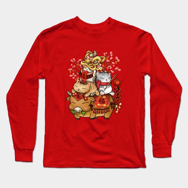 Chinese New Year Cats on Ox Long Sleeve T-Shirt by Takeda_Art